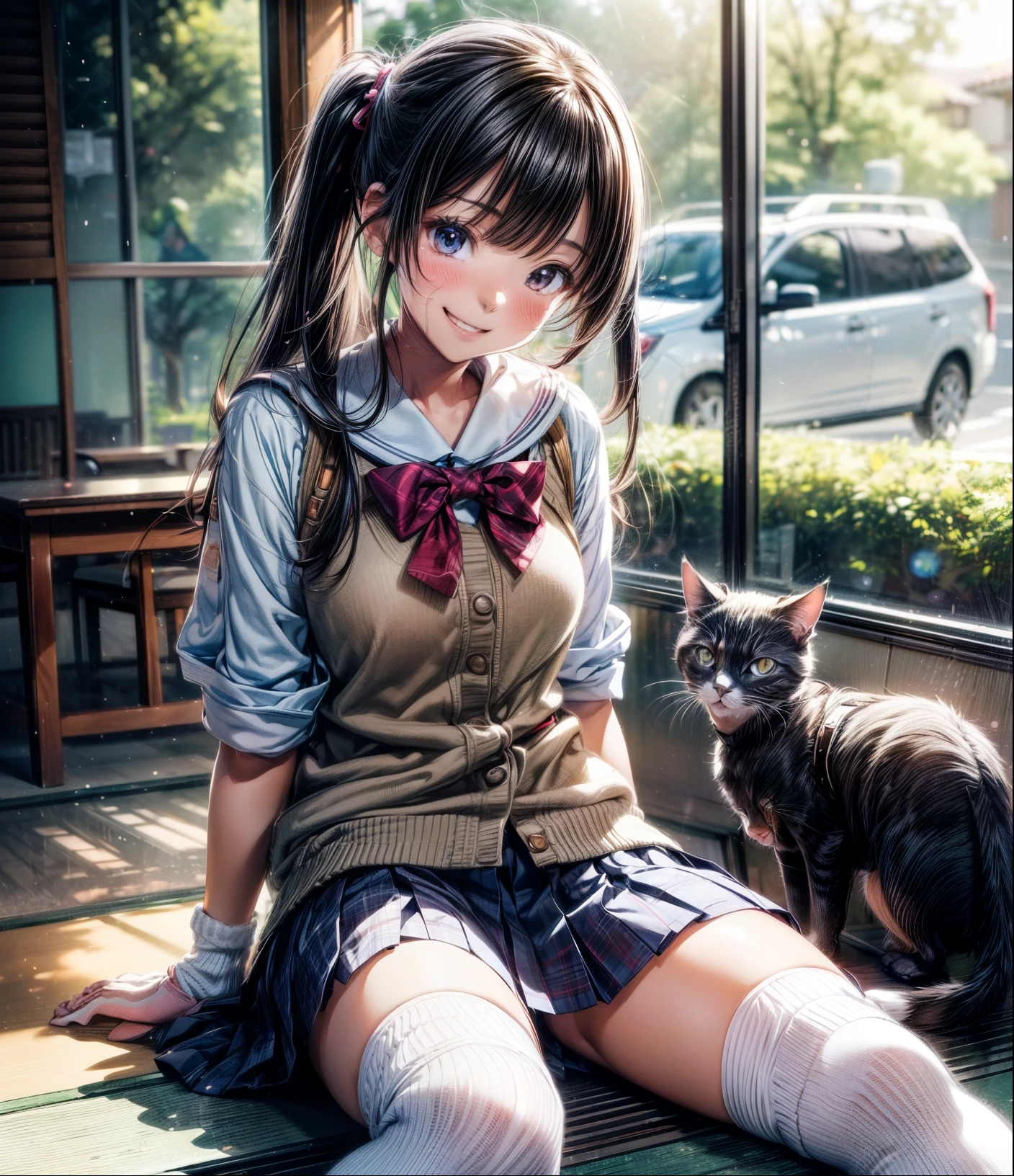(masutepiece), (Best Quality), hyper detailed illustration,beautiful artwork,1girl in,Solo,Japanese high school girl,(School uniform),(Loose sockini skirt,white leg warmers,Big smile,Watch the cat,Summer,light leaks,Leaning forward,From below,(Bokeh),