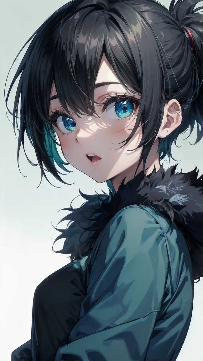 Close-up of a cartoon girl with blue hair and a yellow shirt, 2D Animation, 2D Animation style, 2D Art, 2D Art, 2D from Gorillaz, 2D from Gorillaz, 2D Gorillaz, Screaming Cerket, 2D Sprites, Jinx Face, short hair, Small breasts, hot pants, ((Black Hair, Bright blue fur inside:1.4))