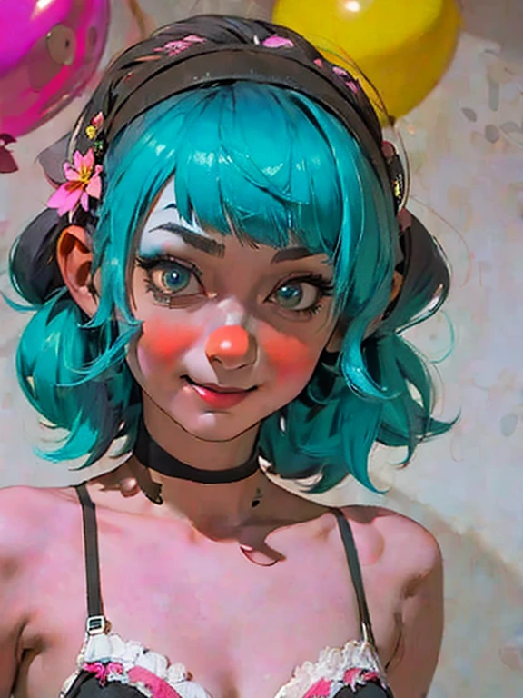 A clown with blue hair and red clown make-up、Surrounded by red balloons, Cutecore Pierrotcore, 不気味なClown Girl, Scary Clown, Clown Girl, Detailed painting 4k, Portrait of Des Pierrot, Artstation Contest Winner, Goth Clown Girl, deviantart artstation cgscosiety, cgsociety contest winner!!, cgsociety contest winner!!!, y 2 k cutecore crowncore,whole body
