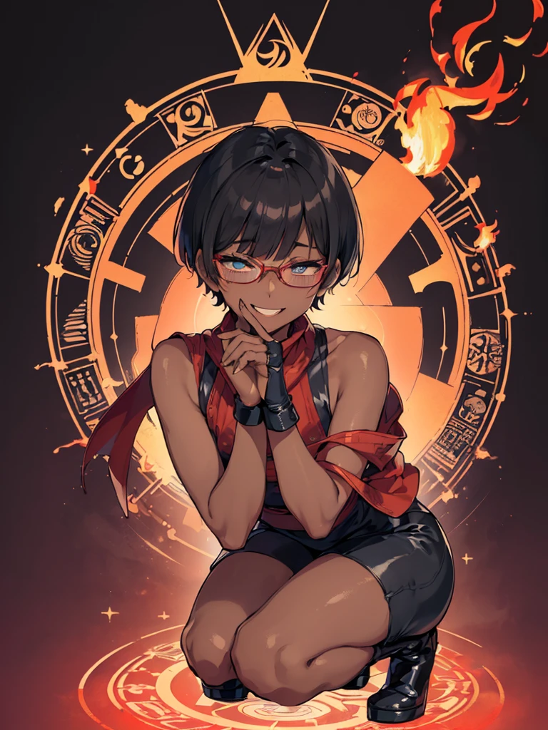 (flat chest:), (masterpiece:1.2), highest quality, High resolution, unity 8k wallpaper, (fine and beautiful eyes:1.6), highly detailed face, perfect lighting, Detailed CG, (perfect hands, perfect anatomy), (1 boy solo:1.4), 20 years old, black hair, extremely beautiful detailfeminine face and eyes, (evil smile:1.4), detailed eyes, best quality,( dark skin:1.8), (turtleneck shirt under yukata:1.2), (bike shorts:1.2), extremely detailed, very precise detailed, (glasses:1.3), blunt bangs, open mouth, (very short pixie cut:1.2), boots,fingerless gloves, smile, (half closed eyes:1.5),(burning fire background:1.3), ,(squat in magic circle on ground:1.1) ,night sky,long sidelocks,(long red Scarf),(yukata),(squatting),(acrobat pose:1.3),(squat:1.3),leaning forward,(one knee dwon:1.5),(Put one foot in front:1.3),(stylish pose:1.4),(Raise only index finger:1.1),(Joining hands:1.5),(retro artstyle:1.2), (1990s \(style\)),(in magic circle on ground only:1.3),(from above:1.2),(have a Talisman:1.6)