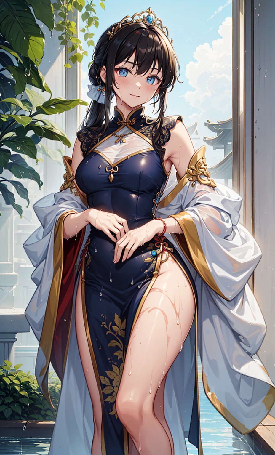 Top quality,Optimal resolution,(Wet Princess Dress),Very detailed, She has a pair of white ponytails,Young women,charm,Design intricate clothes,blue eyes,Huangui Yunguangtian,Elegant and charming,((Wet people,it's foggy,water)),Leg ring,Anklets,night,Small Lighting,charm的姿势,elaborately designed clothes,Beautifully decorated,出water芙蓉,Garter