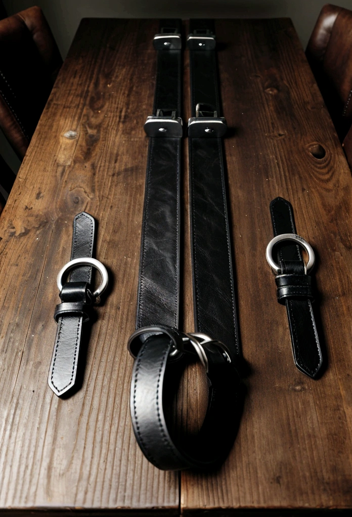A dark wooden table with leather and metal handcuffs arranged side by side. The leather cuffs are black with silver details, and the metal ones are shiny with robust latches.
