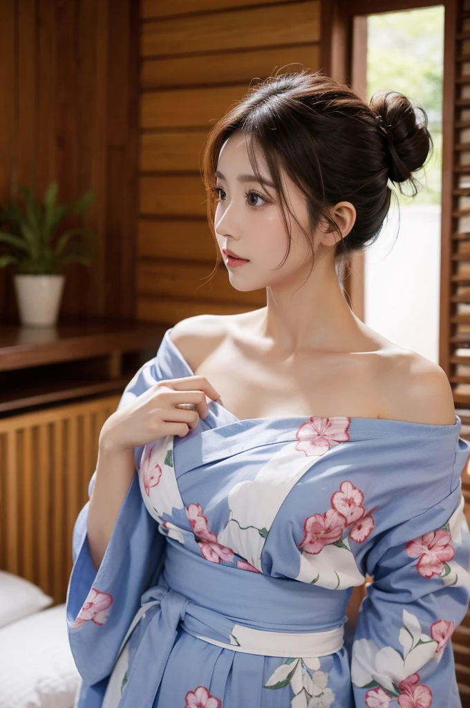 Big Tits,Clothing,Décolletage,Off the shoulder,yukata,Bun Hair