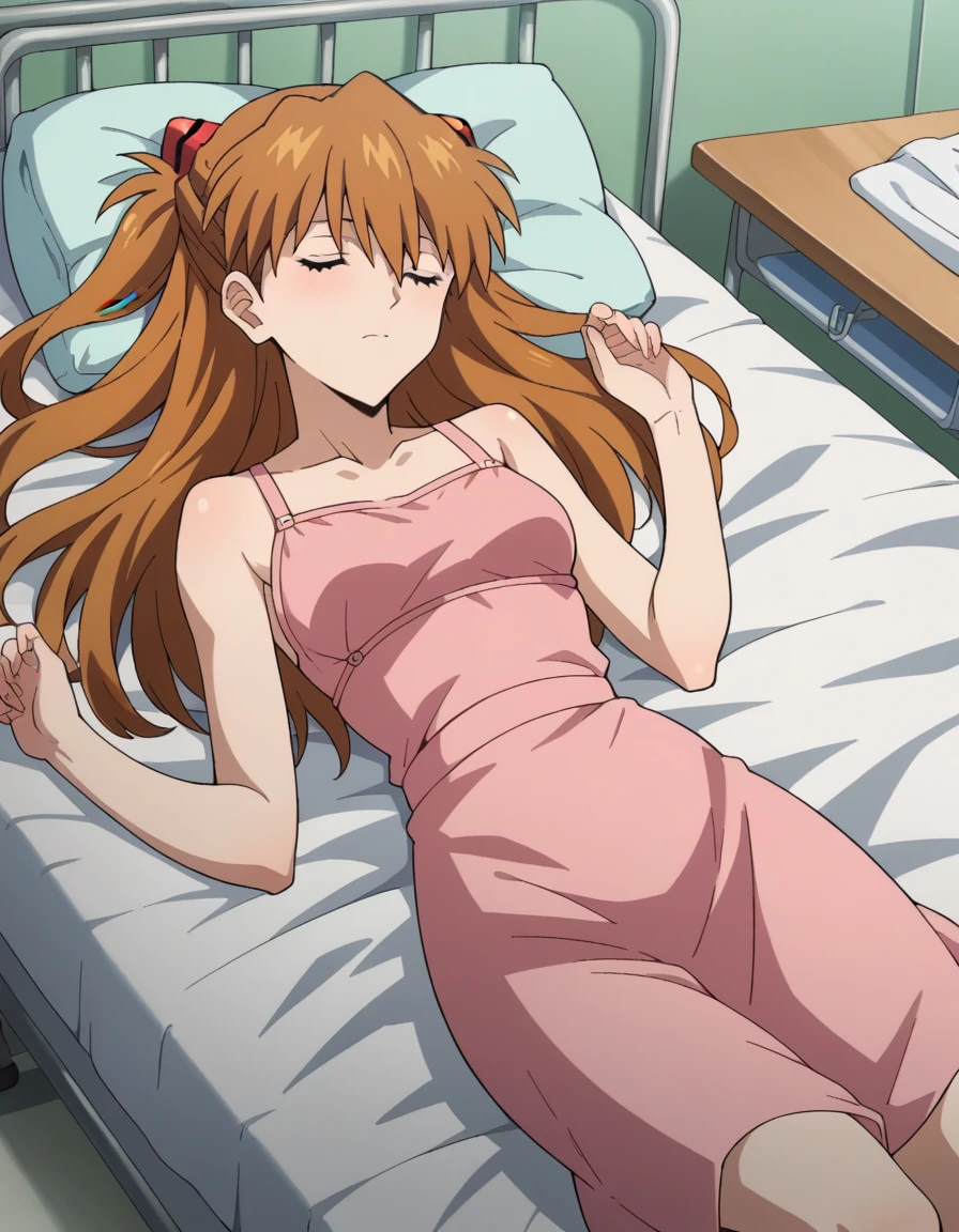 bandage ((Nude))score_9, score_8_up, score_7_up, source_アニメ,
asukalangley, asuka langley soryu, long hair, bangs, brown hair, hair ornament,
hospital gown,
indoors, hospital, lying on back, sleeping, hospital bed, closed eyes,
looking at viewer, dutch angle, cowboy shot,