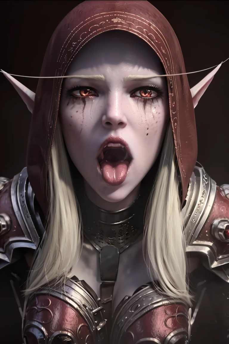 realistic, realism, photorealism, photo-realistic, high contrast, (photorealistic:1.4), 8k high definition detailed realistic, (best quality, masterpiece:1.2), NSFW, photon mapping, radiosity, physically-based rendering, best quality, highly detailed,sylvanasw, elf, elf ear, hood up, full body, looks at the viwer, red eyes, blush, open mouth, big mouth, tongue, tongue out, close up, saliva, uvula, uvula, mouth focus, excessive saliva, , looking down, nude, long tongue, large tongue
