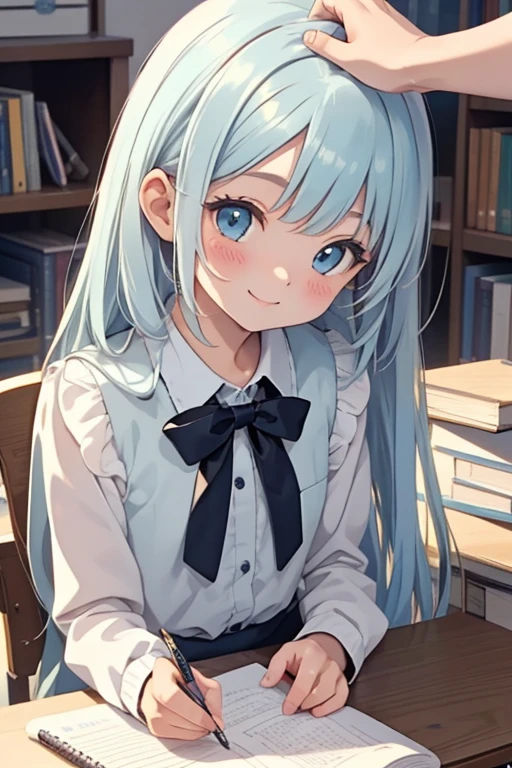 masterpiece, best quality, extremely detailed, (illustration, official art:1.1), 1 girl ,(((( light blue long hair)))), ,(((( light blue long hair)))),light blue hair, , long hair ((blush)) , cute face, big eyes, masterpiece, best quality,(((((a very delicate and beautiful girl))))),Amazing,beautiful detailed eyes,blunt bangs((((little delicate girl)))),tareme(true beautiful:1.2), sense of depth,dynamic angle,,,, affectionate smile, (true beautiful:1.2),,(tiny 1girl model:1.2),)(flat chest), 1girl, (masterpiece, best quality, ultra detailed, 4K:1.5), ultra-detailed background, 1 girl, 1 man, from above, focus upper body, (((headpat))), BREAK kleedef, kleernd, cute face, smile,  very happy, sitting, studying at a desk, BREAK in the library, {Illustration}, {{Very delicate and beautiful}}, Classroom (school desk), (textbook, notebook, mechanical pencil, Pencil case) 1 girl (small build, short limbs, , in front of desk), round face,textbook、
、There are lots of textbooks, notebooks and study materials.