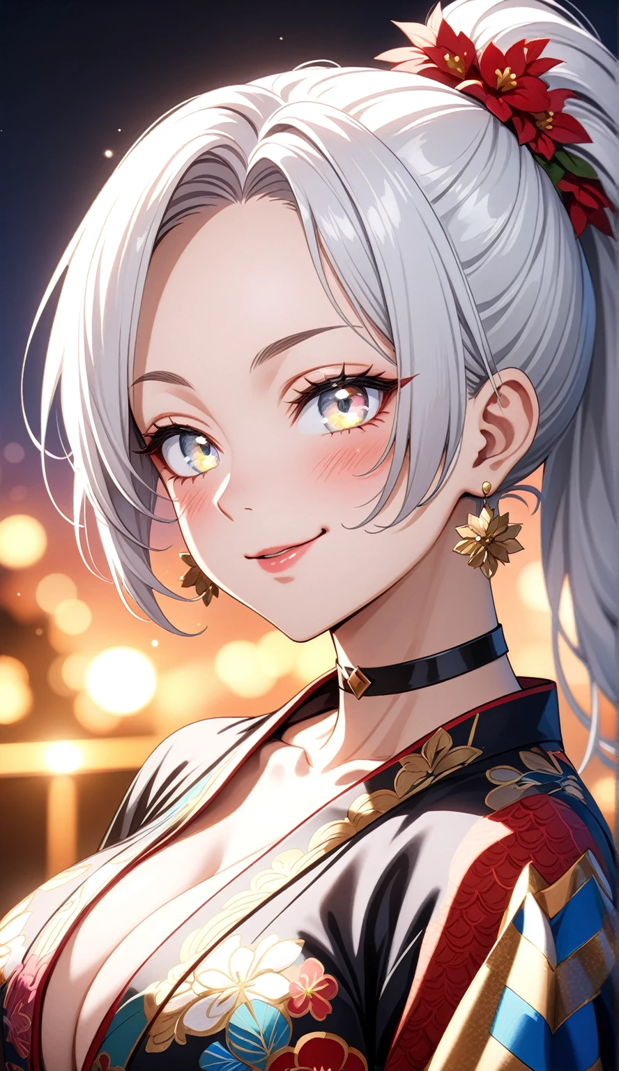 ((One personの女性)), Beautiful Face,((Wink:2.0)), ((seductive smile:1.1)), (head tilt:1.2), Laugh with your mouth wide open,((Bright red cheeks:1.4)),Shiny red lips,night,rooftop,You can see the ocean, firework,Laughing with your mouth open,Glossy pink lips,Facial lighting,((Anime style background)),masterpiece, Highest quality, so beautiful,up to date, Complex details, (Pink long nails), (4fingers and 1thumbs), (ring),(bracelet),(choker),AI-generated, Complex,High resolution, Highest quality, super high quality,3D Images、3D Images,One person,Long white hair,High Ponytail,(blue eyes),Anime woman posing for a photo, ((Fine grain、Silvery white colorful eyes、Shining Eyes:1.4)),(Squint your eyes:1.1),a hyperRealistic , hyperRealistic , Realistic,Anime woman with long white hair, Smooth anime CG art, A woman in a colorful kimono with gold embroidery, (Black long sleeve kimono),Red floral pattern,Long flower hair ornament,Earrings,Mature Body,(Big Breasts:1.1),Tall,Abdominal muscles,Narrow waist,(Zoom up to face:1.7),Shooting from an angle