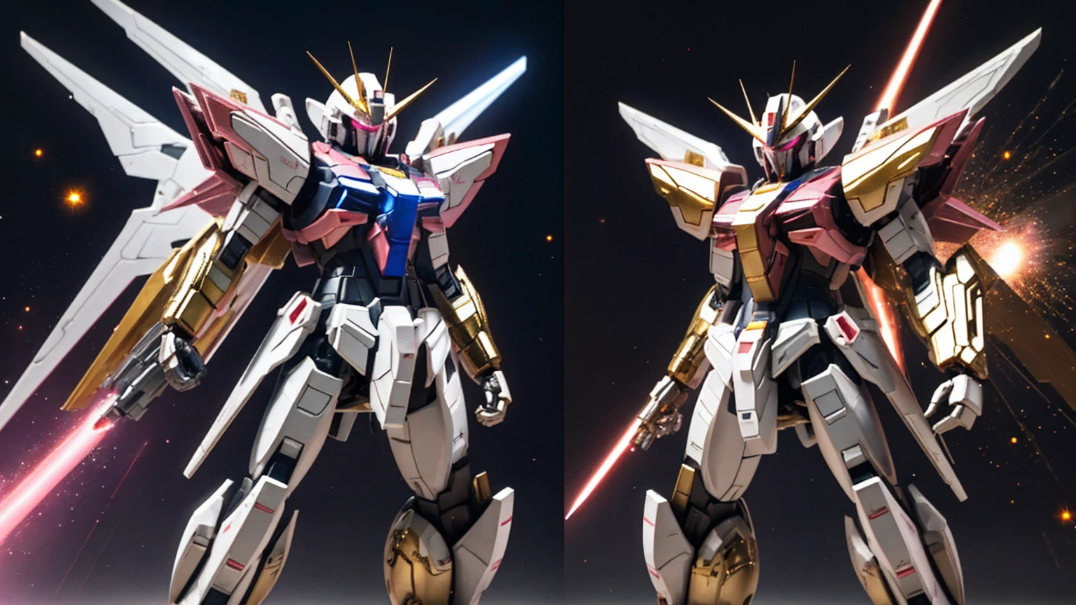 universe space、Pink light effect、Strike Freedom、front、universe spaceに浮いている、The round gold particles surround the aircraft.、He holds a rifle in his right hand and a beam saber in his left hand