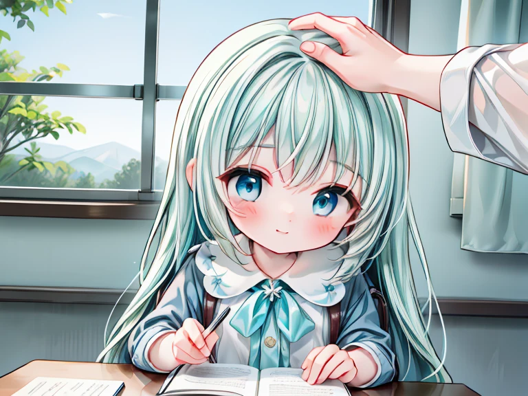 masterpiece, best quality, extremely detailed, (illustration, official art:1.1), 1 girl ,(((( light blue long hair)))), ,(((( light blue long hair)))),light blue hair, , long hair ((blush)) , cute face, big eyes, masterpiece, best quality,(((((a very delicate and beautiful girl))))),Amazing,beautiful detailed eyes,blunt bangs((((little delicate girl)))),tareme(true beautiful:1.2), sense of depth,dynamic angle,,,, affectionate smile, (true beautiful:1.2),,(tiny 1girl model:1.2),)(flat chest), 1girl, (masterpiece, best quality, ultra detailed, 4K:1.5), ultra-detailed background, 1 girl, 1 man, from above, focus upper body, (((headpat))), BREAK kleedef, kleernd, cute face, smile,  very happy, sitting, studying at a desk, BREAK in the library, {Illustration}, {{Very delicate and beautiful}}, Classroom (school desk), (textbook, notebook, mechanical pencil, Pencil case) 1 girl (small build, short limbs, , in front of desk), round face,textbook、(((Concept_Headpat)))
,HeadpatPOV,NCT0、There are lots of textbooks, notebooks and study materials.,NCT0,midjourney