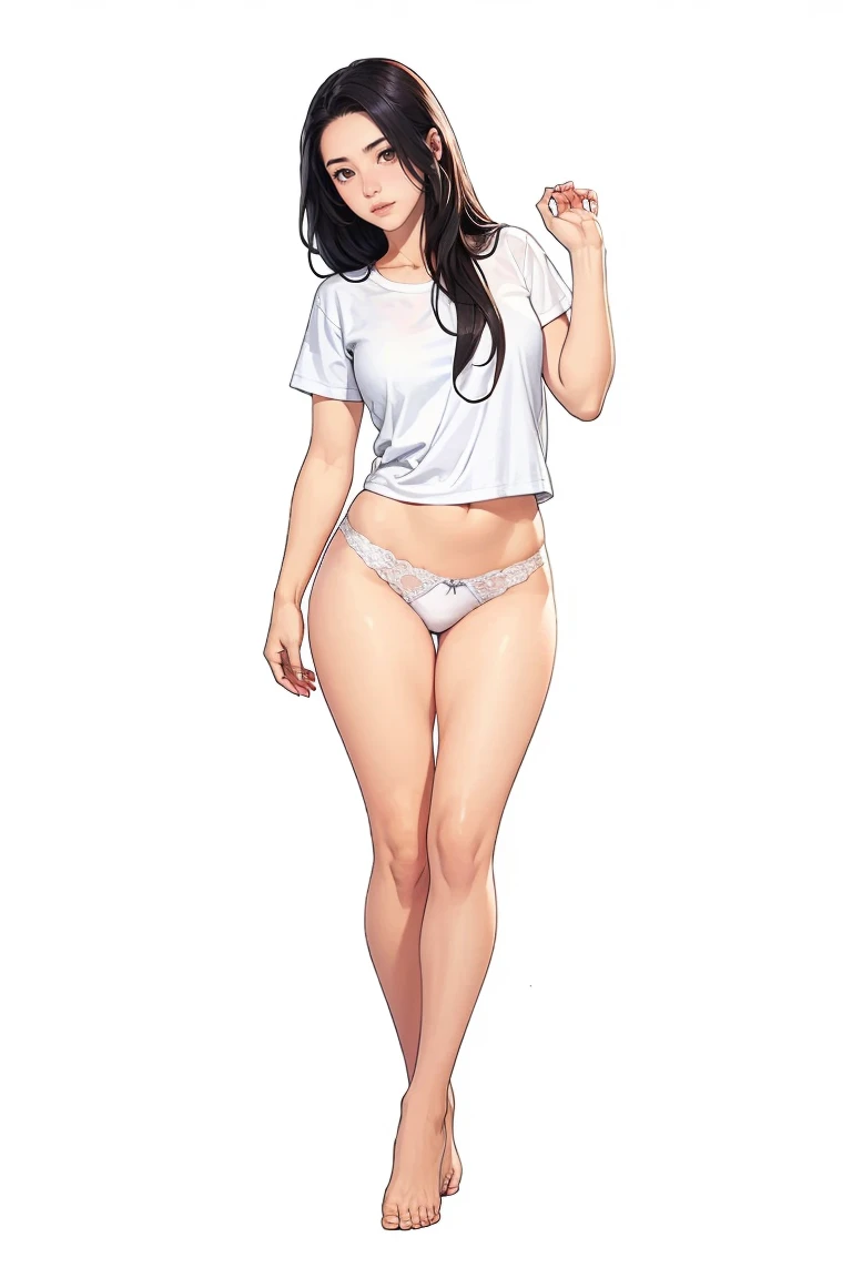 fpriest, bare arms, thigh, bare foot, 1girl, solo,looking at viewer,
gray background,full_body, standing,
,  long hair, curly hair, middle breast, 8k, masterpieces, bestquality, ultra highres, smile, shaded face, black hair, close mouth, beautiful face, naked body, completely nude, detailed face, bangs, blunt bangs