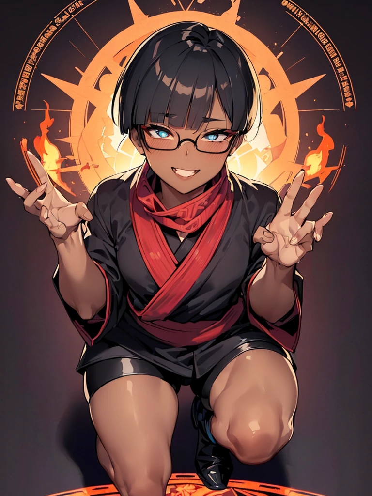 (flat chest:), (masterpiece:1.2), highest quality, High resolution, unity 8k wallpaper, (fine and beautiful eyes:1.6), highly detailed face, perfect lighting, Detailed CG, (perfect hands, perfect anatomy), (1 boy solo:1.4), 20 years old, black hair, extremely beautiful detailfeminine face and eyes, (evil smile:1.4), detailed eyes, best quality,( dark skin:1.8), (turtleneck shirt under yukata:1.2), (bike shorts:1.2), extremely detailed, very precise detailed, (glasses:1.3), blunt bangs, open mouth, (very short pixie cut:1.2), boots,fingerless gloves, smile, (half closed eyes:1.5),(burning fire background:1.3), ,(squat in magic circle on ground:1.1) ,night sky,long sidelocks,(long red Scarf),(yukata),(squatting),(acrobat pose:1.3),(squat:1.3),leaning forward,(one knee dwon:1.5),(Put one foot in front:1.3),(stylish pose:1.4),(Raise only index finger:1.1),(Joining hands:1.5),(retro artstyle:1.2), (1990s \(style\)),(in magic circle on ground only:1.3),(from above:1.2),(have a Talisman:1.6)