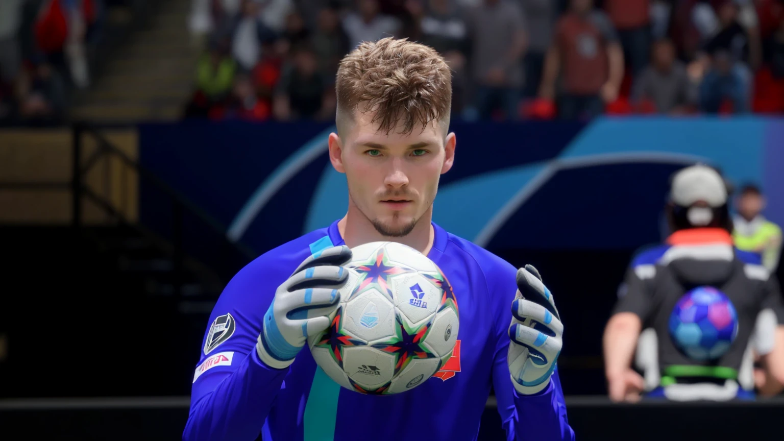 there is a man holding a soccer ball in his hands, inspired by Jan Asselijn, 8k highly detailed face, with fully detailed faces, inspired by Perin del Vaga, inspired by Juraj Julije Klović, in game style 8k, 16k upscaled image, with very highly detailed face, ultra-realistic graphics