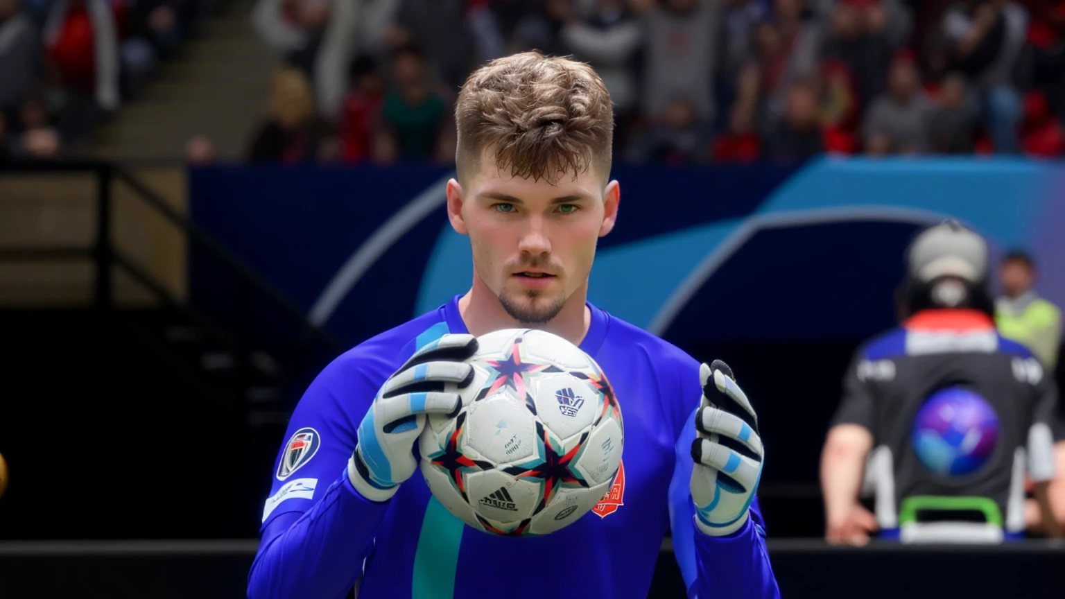 there is a man holding a soccer ball in his hands, inspired by Jan Asselijn, 8k highly detailed face, with fully detailed faces, inspired by Perin del Vaga, inspired by Juraj Julije Klović, in game style 8k, 16k upscaled image, with very highly detailed face, ultra-realistic graphics