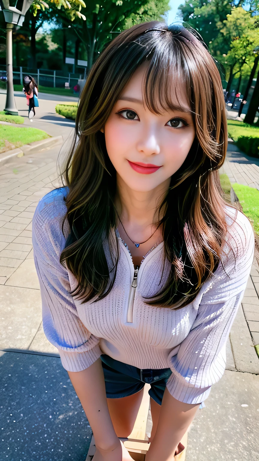 seed:4195271995,((Full Body Angle:1.１)),((Highest quality, 8K, masterpiece: 1.3)), concentrated: 1.2,Front hair:1.3, Cute girl 1,Nipples erect、 Perfect beauty: 1.4,Colorful ribbed knit half-zip T-shirt、Shorts,: 1.2,Randall Color、comics＆Text Graphics、Black,1.1, Highly detailed face and skin textures, Fine grain, double eyelid, whitening skin, ,Highest quality,Ultra-high resolution,you,1 girl,alone,_Shiny_skin,Iris,necklace,((brown_length_Wavy_hair)),(lips)),eyelash,Front hair,deal with,compensate,Shiny,pore,skin big breasts、(smiling face)、Front hair、Walking in the park、walk