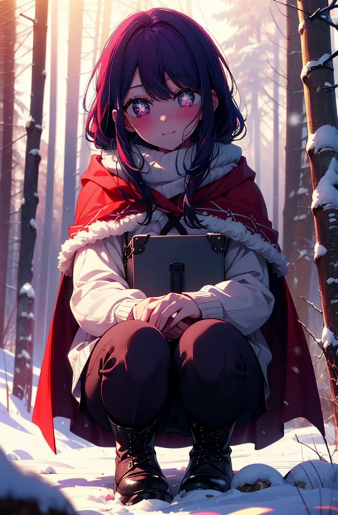 aihoshino, Ai Hoshino, Long Hair, bangs, (Purple eyes:1.1), Purple Hair, (Symbol-shaped pupil:1.5), smile,,smile,blush,White Breath,
Open your mouth,snow,Ground bonfire, Outdoor, boots, snowing, From the side, wood, suitcase, Cape, Blurred, , forest, White handbag, nature, Squat, Mouth closed, Cape, winter, Written boundary depth, Black shoes, red Cape break looking at viewer, Upper Body, whole body, break Outdoor, forest, nature, break (masterpiece:1.2), Highest quality, High resolution, unity 8k wallpaper, (shape:0.8), (Beautiful and beautiful eyes:1.6), Highly detailed face, Perfect lighting, Extremely detailed CG, (Perfect hands, Perfect Anatomy),