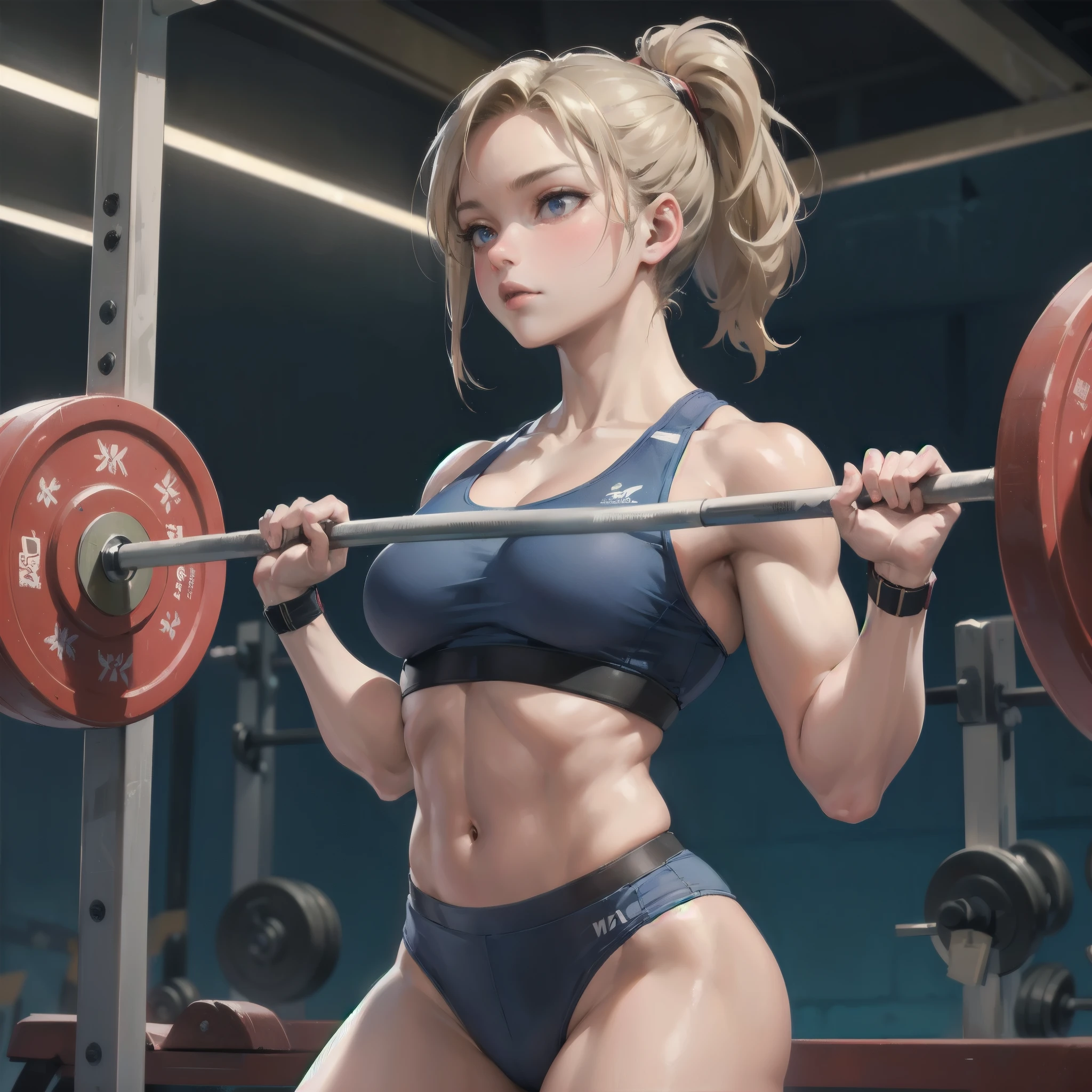 masterpiece, (textured skin), best quality, gorgeous beautiful girl, (a female weightlifting athlete), detailed clothes,large breasts,narrow waist,, (beautiful face), cinematic lighting, (at weightlifting venue ),