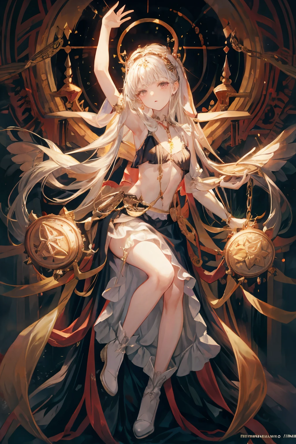  ((best quality)), ((masterpiece)), (detailed), 1girl, Character design, NSFW, scholarly  female, scholar, female scholar, educator, teacher, fortune teller, holding a large bell, carrying a large bell, ringing a large bell, bell, astrology, astrological symbolism, star reading, celestrial theme, heavens, heavens above, constellations, imposing, terrifying, biblical, blood magic, blood mage, dynamic poses, long white grey hair, grey white eyes, very skinny, detailed, best quality, prominent collarbones, skinny arms, flat stomach, visible hip bones, small breasts, full body, blank white background, plain background, white background, red and white clothing, Bloodborne inspired, occult aesthetic, occult, detailed and intricate steampunk and detailed gothic, NSFW, Fluttering lace flared long knee length dress with frilly petticoats, knee length dress, pleated petticoats, petticoats gothic, complex lace boots, gothic aesthetic, wielding a mighty sword with mechanical components, mandalas, small breasts, a fairy, various different types of insect wings, bug wings, beetle wings, NSFW, full body, whole body, body, chains, 