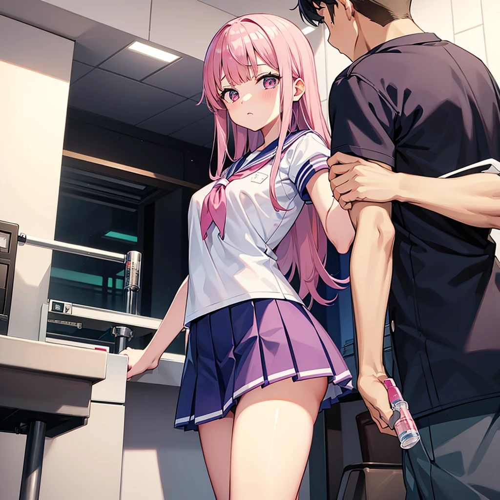 A pink-haired high school girl in a sailor uniform receives a vaccination、The man grabbed his arm、Take the syringe and stick it into your upper arm.。.