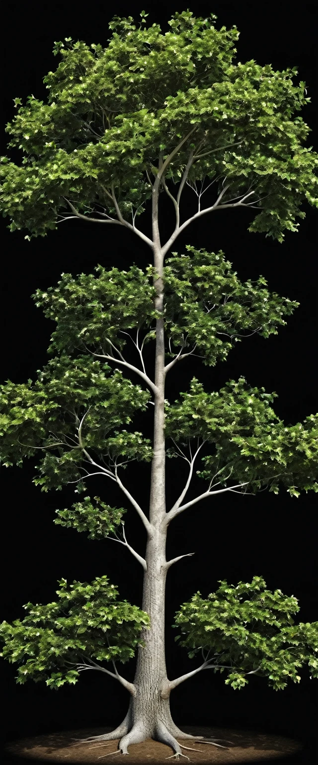 Create a high definition image of a realistic family tree, the tree has four branches, two on each side, black background.