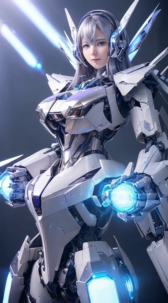 ((Intense action pose:1.6))、((Shining lenses on both breasts:1.3))、((Blue pillars of light are emanating from both chests.:1.3))、smile、((8K)), ((32k)), ((Highest quality)), ((masterpiece)), ((超A high resolution)), ((Tmasterpiece)), ((Halation:1.4))、((Mechaニカルheadgear:1.2))、((Cyber headphones:1.3))、Fine skin, High quality fabric, Fine metal texture、((Beautiful and dense face))、RAW Photos、Professional, Ultra-fine painting, ((alone)), Beautiful breasts、Highest quality, Very detailed, Very detailed詳細, Finer details, so beautiful, ((Princess Knight Robot:1.2)), (Joints of machines, Mechanical Limbs:1.3), (The internal structure of the machine is exposed:1.3), (Long silver hair:1.1), (Beautiful and huge mechanical breasts)、White Veil, cowboy_shot, Side Focus, headgear, Shiny、(Five Fingers, Four fingers and thumb),Concept Art, Anime fantasy artwork, Detailed fantasy art, (with pale blue-violet hair and large white wings,,,,,,,), (((Long silver hair))), (Mecha:1.6)、Sleek and intimidating design, ((Commander-in-Chief'arm)), (Perfect robot body)、純白と青紫armまたは, Symmetrical wings, 8K high quality, detailed art, 3D rendering of character art in 8K, neat legs, Defined, Defined fingers,