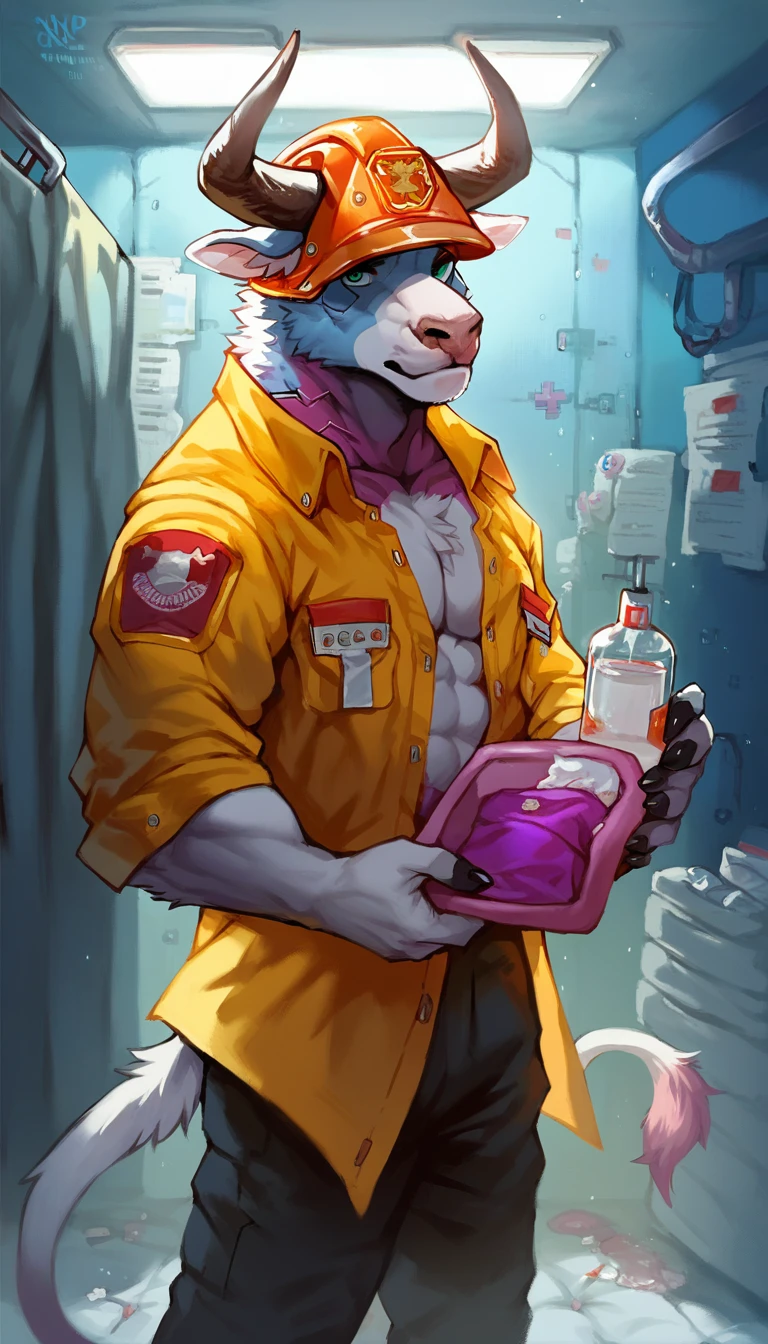 score_9, score_8_up, score_7_up, (cyberpunk city, Hospital, operations room, medicines on background:1.5),
((Bull:1.2), anthro, horns, solo, male, (portrait, standing), (holding), ((wearing firefighter uniform), (wearing helmet)), ((bull fur)), muscular, beautiful, (have cyberpunk-style additions)