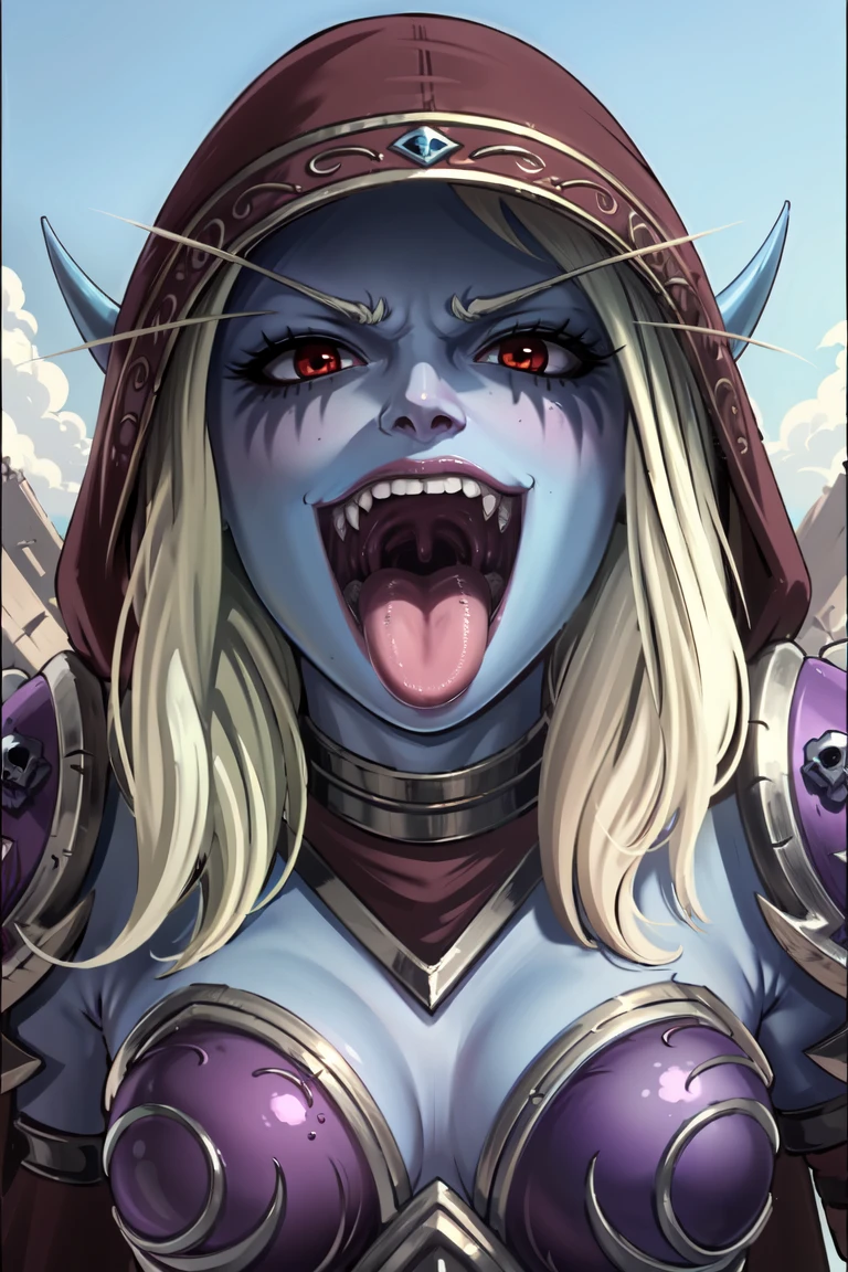 (masterpiece, best quality:1.3) 1girl, solo, long hair, breasts, looking at viewer, smile, blonde hair, red eyes, white hair, hood, cape, pointy ears, armor, glowing, colored skin, elf, shoulder armor, glowing eyes, cloak, spikes, pauldrons, skull, blue skin, undead, blush, open mouth, big mouth, tongue, tongue out, close up, saliva, uvula, uvula, mouth focus, excessive saliva, , looking down, nude, long tongue, large tongue
