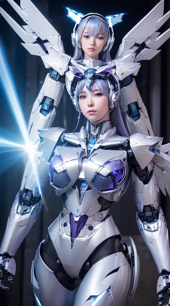 ((Intense action pose:1.6))、((Shining lenses on both breasts:1.3))、((Blue pillars of light are emanating from both chests.:1.3))、smile、((8K)), ((32k)), ((Highest quality)), ((masterpiece)), ((超A high resolution)), ((Tmasterpiece)), ((Halation:1.4))、((Mechaニカルheadgear:1.2))、((Cyber headphones:1.3))、Fine skin, High quality fabric, Fine metal texture、((Beautiful and dense face))、RAW Photos、Professional, Ultra-fine painting, ((alone)), Beautiful breasts、Highest quality, Very detailed, Very detailed詳細, Finer details, so beautiful, ((Princess Knight Robot:1.2)), (Joints of machines, Mechanical Limbs:1.3), (The internal structure of the machine is exposed:1.3), (Long silver hair:1.1), (Beautiful and huge mechanical breasts)、White Veil, cowboy_shot, Side Focus, headgear, Shiny、(Five Fingers, Four fingers and thumb),Concept Art, Anime fantasy artwork, Detailed fantasy art, (with pale blue-violet hair and large white wings,,,,,,,), (((Long silver hair))), (Mecha:1.6)、Sleek and intimidating design, ((Commander-in-Chief'arm)), (Perfect robot body)、純白と青紫armまたは, Symmetrical wings, 8K high quality, detailed art, 3D rendering of character art in 8K, neat legs, Defined, Defined fingers,