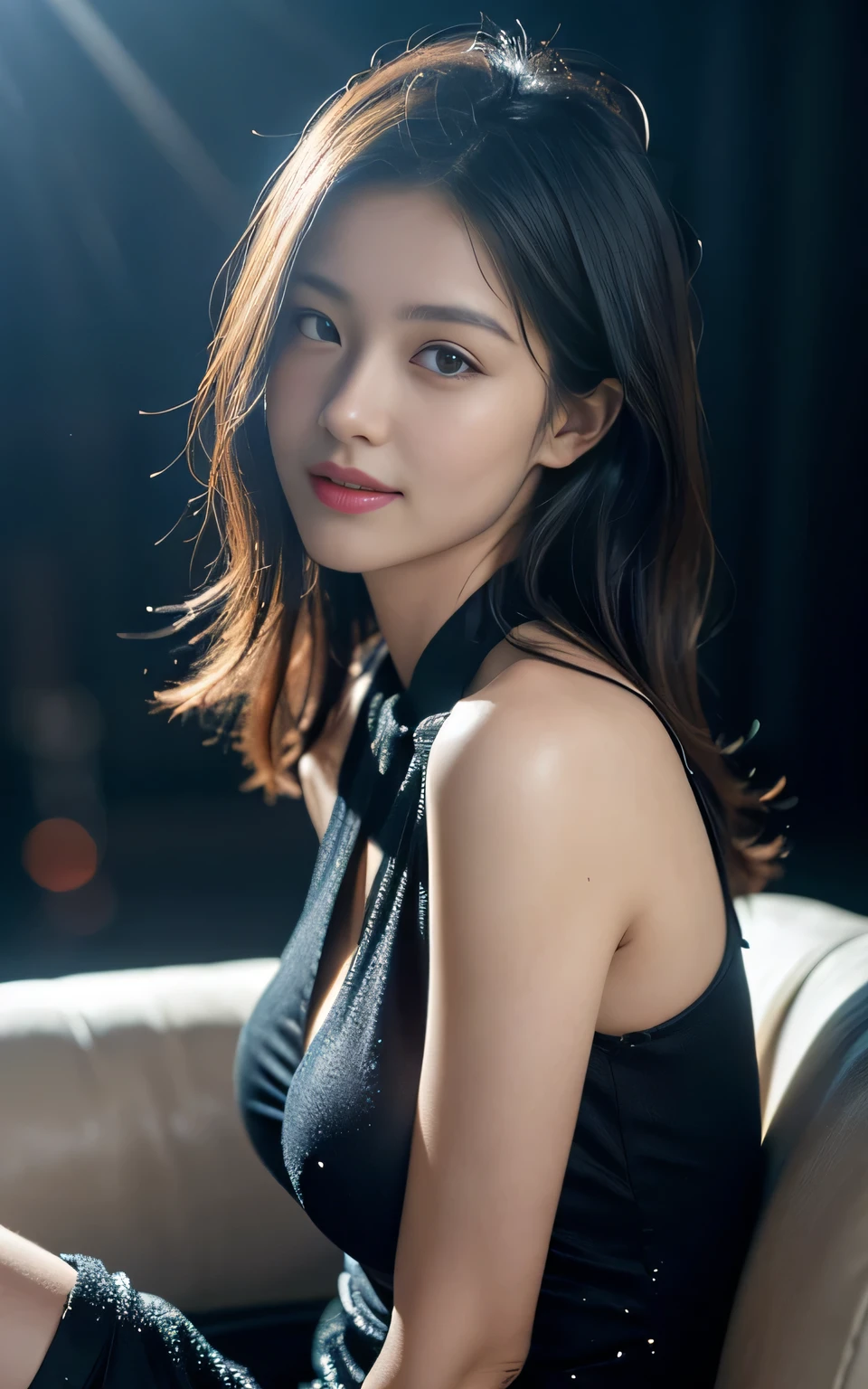 Tabletop, highest quality, Realistic, Very detailed, finely, High resolution, 8k wallpaper, 1. Beautiful Women,, Light brown messy hair, He is wearing a black see-through open-necked shirt.。., Sharp focus, Perfect dynamic composition, Beautiful and detailed, Thin Hair, Detailed Realistic skin texture, smile, Close-up portrait, Model Body Type、mini skirt、High heels、suit