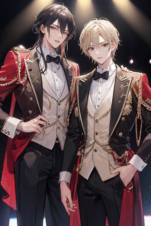 ((Highest quality)), ((masterpiece)), (detailed), Two young handsome men,On stage,Masquerade