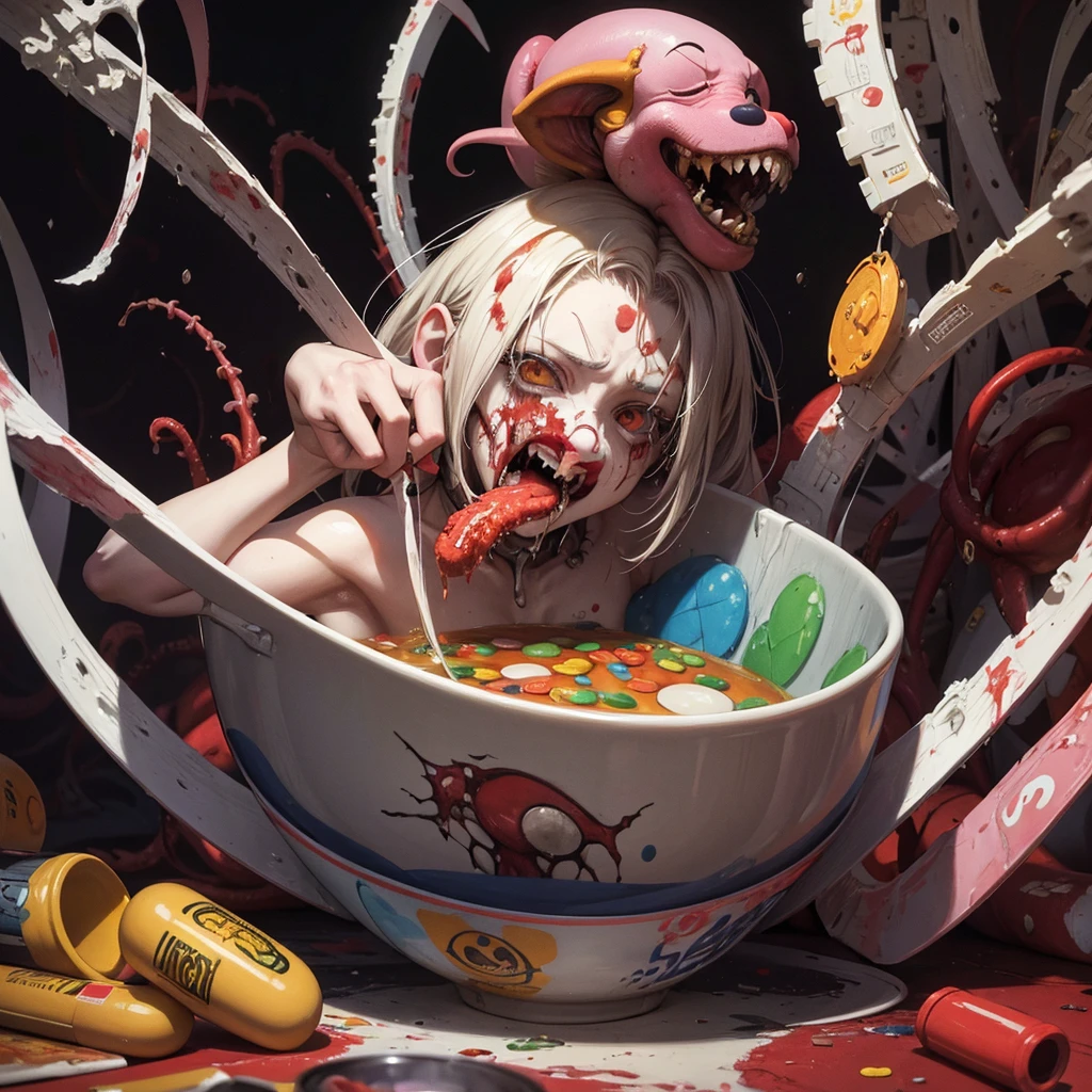 anime model ,drug capsule, a painting of a zombie eating a bowl filled with various pharmaceutical capsules a hyperrealistic painting, by Jason Edmiston, cutecore clowncore, mixture of creatures with tentacles, horror wallpaper aesthetic, greg beeple, clown, art representing control freak , cutout, art blotter, rendering, horrifying