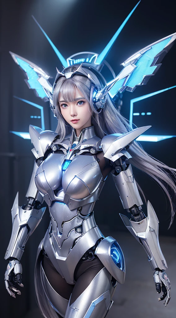 ((Intense action pose:1.6))、((Shining lenses on both breasts:1.3))、((Blue pillars of light are emanating from both chests.:1.3))、smile、((8K)), ((32k)), ((Highest quality)), ((masterpiece)), ((超A high resolution)), ((Tmasterpiece)), ((Halation:1.4))、((Mechaニカルheadgear:1.2))、((Cyber headphones:1.3))、Fine skin, High quality fabric, Fine metal texture、((Beautiful and dense face))、RAW Photos、Professional, Ultra-fine painting, ((alone)), Beautiful breasts、Highest quality, Very detailed, Very detailed詳細, Finer details, so beautiful, ((Princess Knight Robot:1.2)), (Joints of machines, Mechanical Limbs:1.3), (The internal structure of the machine is exposed:1.3), (Long silver hair:1.1), (Beautiful and huge mechanical breasts)、White Veil, cowboy_shot, Side Focus, headgear, Shiny、(Five Fingers, Four fingers and thumb),Concept Art, Anime fantasy artwork, Detailed fantasy art, (with pale blue-violet hair and large white wings,,,,,,,), (((Long silver hair))), (Mecha:1.6)、Sleek and intimidating design, ((Commander-in-Chief'arm)), (Perfect robot body)、純白と青紫armまたは, Symmetrical wings, 8K high quality, detailed art, 3D rendering of character art in 8K, neat legs, Defined, Defined fingers,