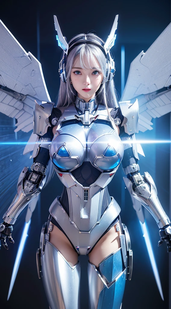 ((Intense action pose:1.6))、((Shining lenses on both breasts:1.3))、((Blue pillars of light are emanating from both chests.:1.3))、smile、((8K)), ((32k)), ((Highest quality)), ((masterpiece)), ((超A high resolution)), ((Tmasterpiece)), ((Halation:1.4))、((Mechaニカルheadgear:1.2))、((Cyber headphones:1.3))、Fine skin, High quality fabric, Fine metal texture、((Beautiful and dense face))、RAW Photos、Professional, Ultra-fine painting, ((alone)), Beautiful breasts、Highest quality, Very detailed, Very detailed詳細, Finer details, so beautiful, ((Princess Knight Robot:1.2)), (Joints of machines, Mechanical Limbs:1.3), (The internal structure of the machine is exposed:1.3), (Long silver hair:1.1), (Beautiful and huge mechanical breasts)、White Veil, cowboy_shot, Side Focus, headgear, Shiny、(Five Fingers, Four fingers and thumb),Concept Art, Anime fantasy artwork, Detailed fantasy art, (with pale blue-violet hair and large white wings,,,,,,,), (((Long silver hair))), (Mecha:1.6)、Sleek and intimidating design, ((Commander-in-Chief'arm)), (Perfect robot body)、純白と青紫armまたは, Symmetrical wings, 8K high quality, detailed art, 3D rendering of character art in 8K, neat legs, Defined, Defined fingers,
