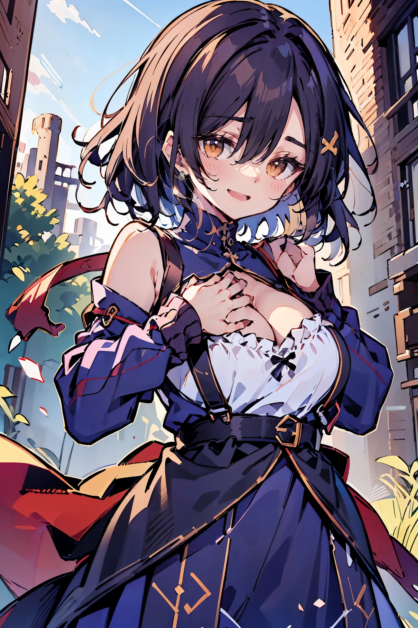 (masterpiece:1.2), (high quality:1.2), (hui xiyi:0.65), rekkyo sensen, rekkyou sensen, girls with((black hair, (tits cleavage:1.15), (waving is hands:1.2), (breasts close up:1.15), (suspenders:1.2), (dress:1.65), (blue clothes:1.05), (belts:0.7), (frills shirt:1.2), (white knit sweater:1.2), (frills camisole:1.2), exposed breasts, straps, (cross:1.05), (long wavy hair:1.2), (one side up:1.2), nun, long sleeves, (perfect hands:1.05), (five fingers:1.05))), background with((fantasy world, ruin, castle, beautiful sky, shining sky, sunshine))