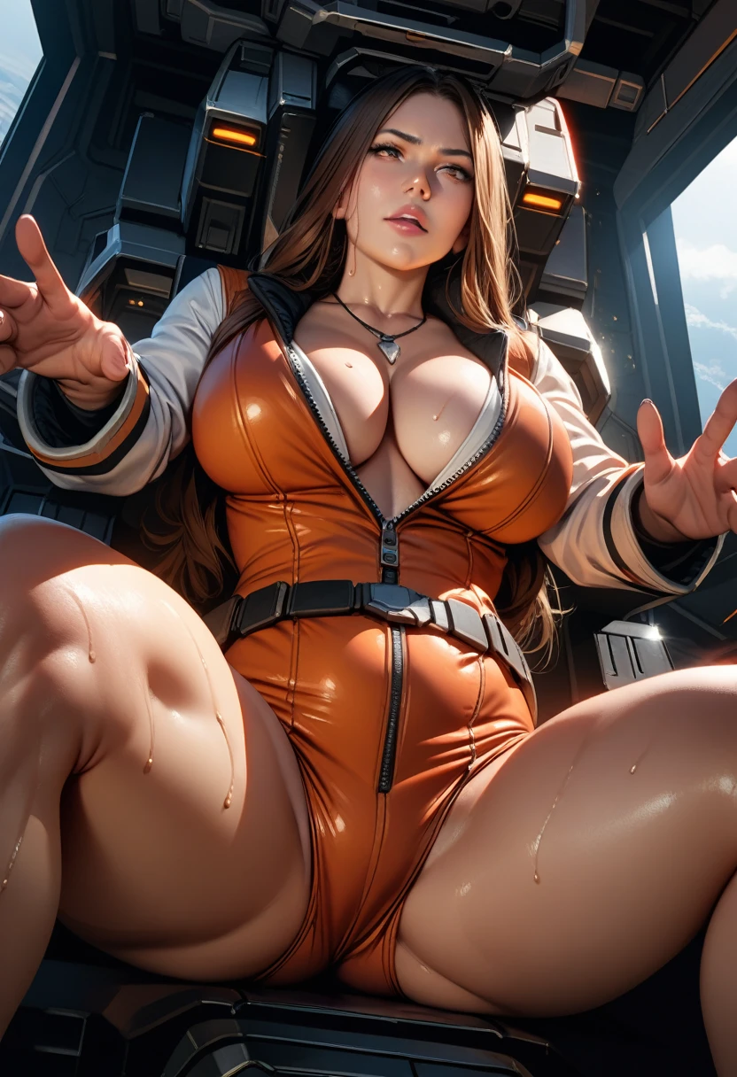 Christina Mackenzie,mature female,perfect hands, perfect finger,perfect anatomy, masterpiece, best quality,realistic, hyperrealistic, 16k hdr, eff pilot,(white flight suit:1.2),gundamwingcockpit,large breasts,sitting,spread legs,brown long hair,open zipper,navel,,no bra,cleavage,necklace,sweat,(orgasm:1.3),red blush,open mouth,erected nipples,drooling,(wet crotch:1.3),from below