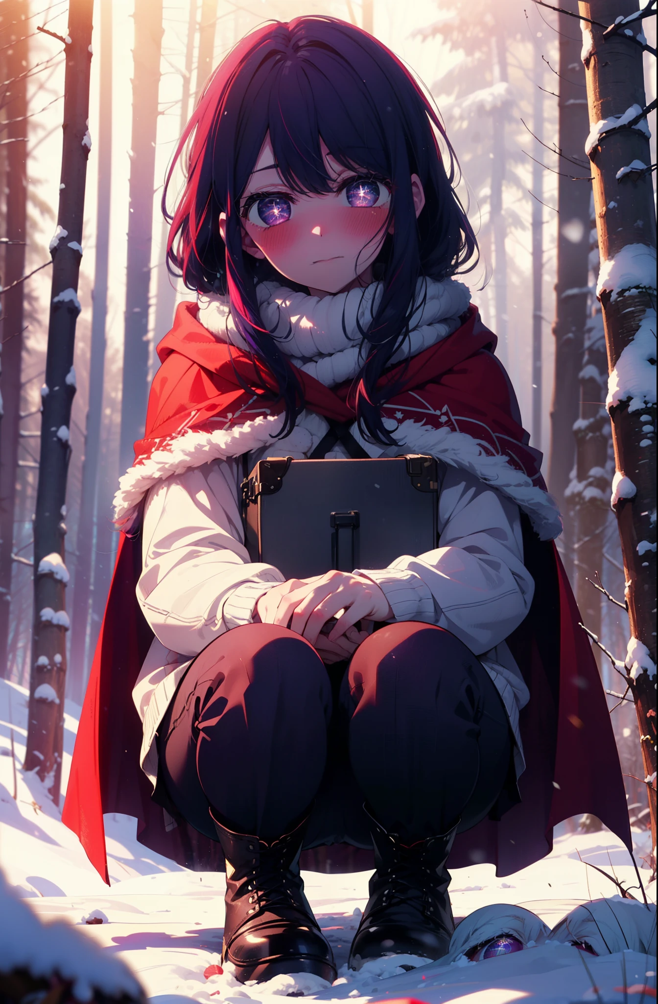 aihoshino, Ai Hoshino, Long Hair, bangs, (Purple eyes:1.1), Purple Hair, (Symbol-shaped pupil:1.5), smile,,smile,blush,White Breath,
Open your mouth,snow,Ground bonfire, Outdoor, boots, snowing, From the side, wood, suitcase, Cape, Blurred, , forest, White handbag, nature, Squat, Mouth closed, Cape, winter, Written boundary depth, Black shoes, red Cape break looking at viewer, Upper Body, whole body, break Outdoor, forest, nature, break (masterpiece:1.2), Highest quality, High resolution, unity 8k wallpaper, (shape:0.8), (Beautiful and beautiful eyes:1.6), Highly detailed face, Perfect lighting, Extremely detailed CG, (Perfect hands, Perfect Anatomy),