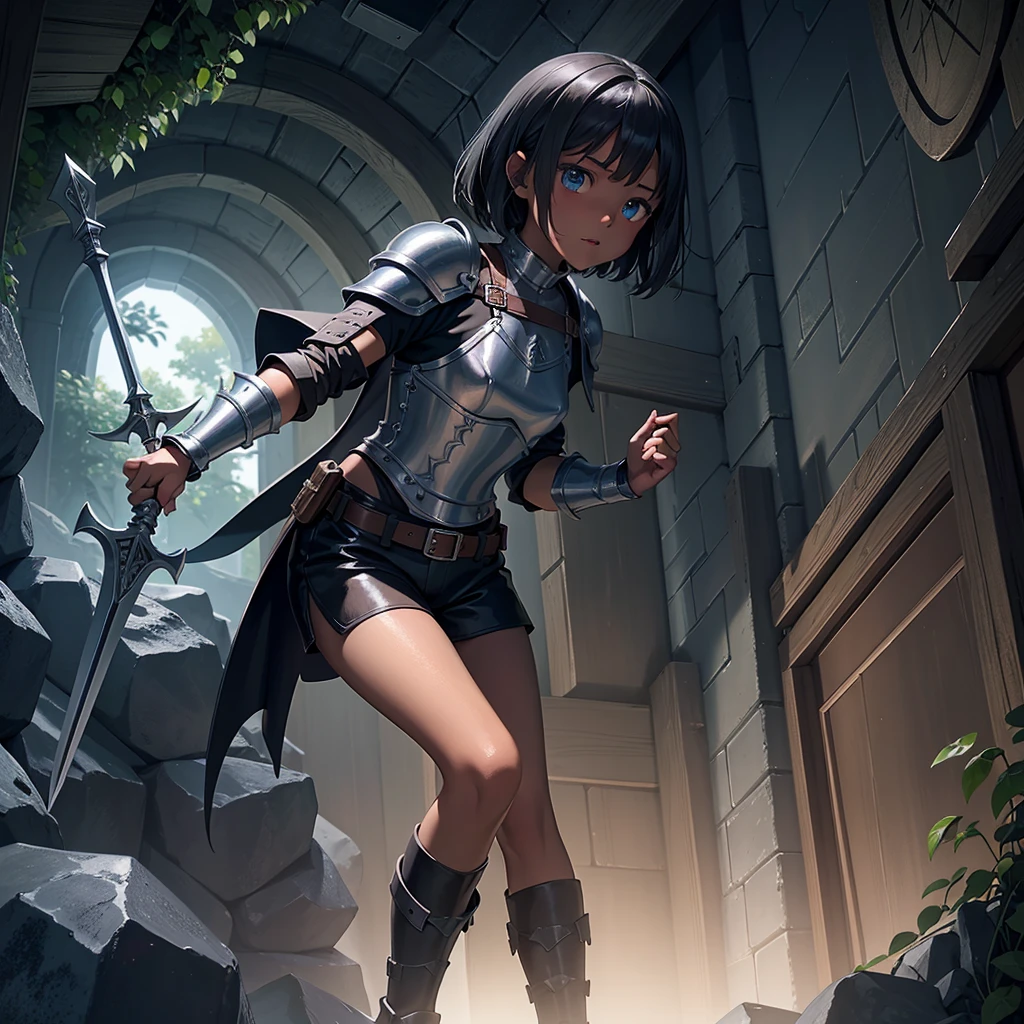 最high quality、high quality、Simple Cloth Armor、10Year-old girl adventurer、Descend the maze stairs、leather armor、Shorts、Equipped with a dagger and a shield、In a dark maze、The body is being swallowed by slime