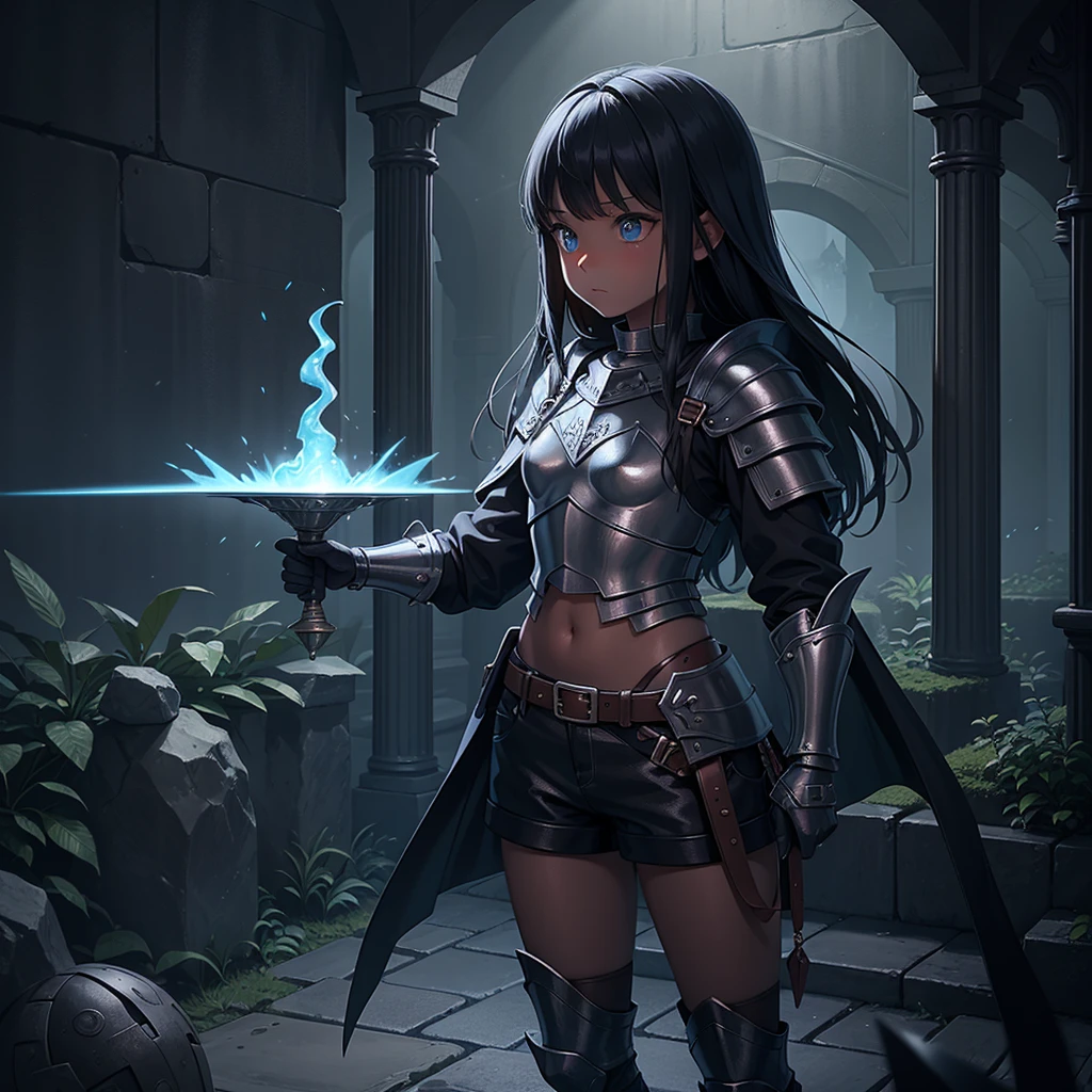 最high quality、high quality、Simple Cloth Armor、１０Year-old girl adventurer、Descend the maze stairs、leather armor、Shorts、Equipped with a dagger and a shield、In a dark maze、The body is being swallowed by slime