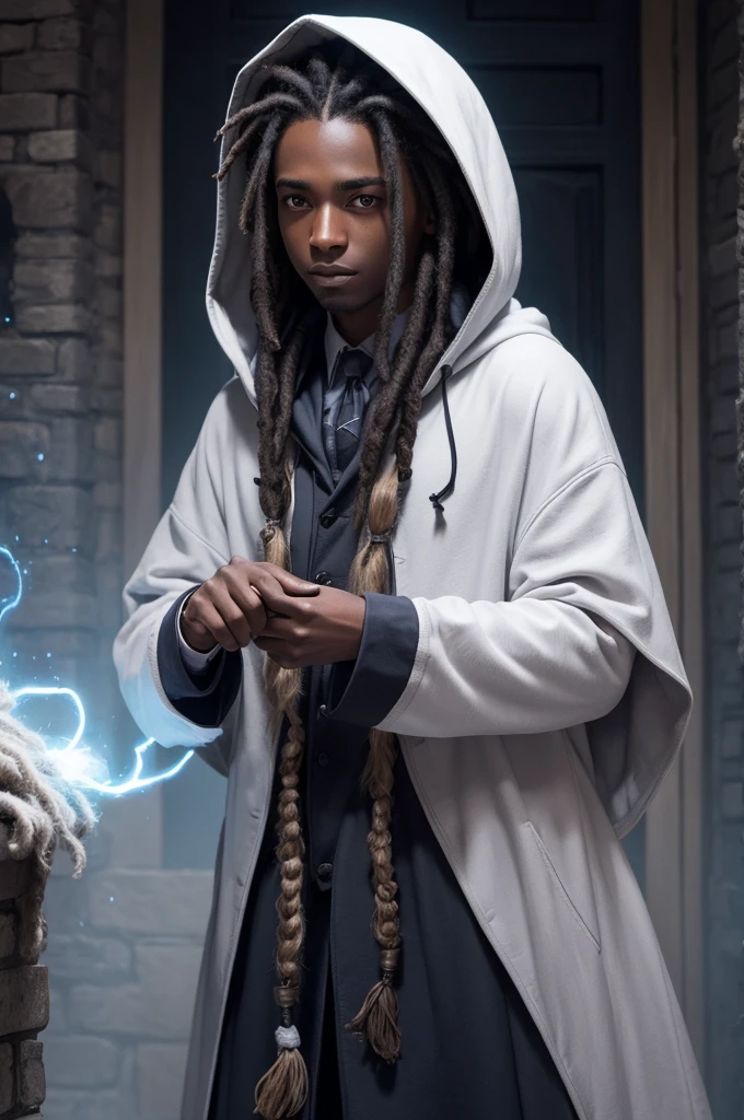 A dark-skinned wizard, dreadlocks hair, grey-eyed, and clothing a white hooded suit, he takes care of magical animals as he is part of the Scamander family from the Harry Potter universe and is 18 years old