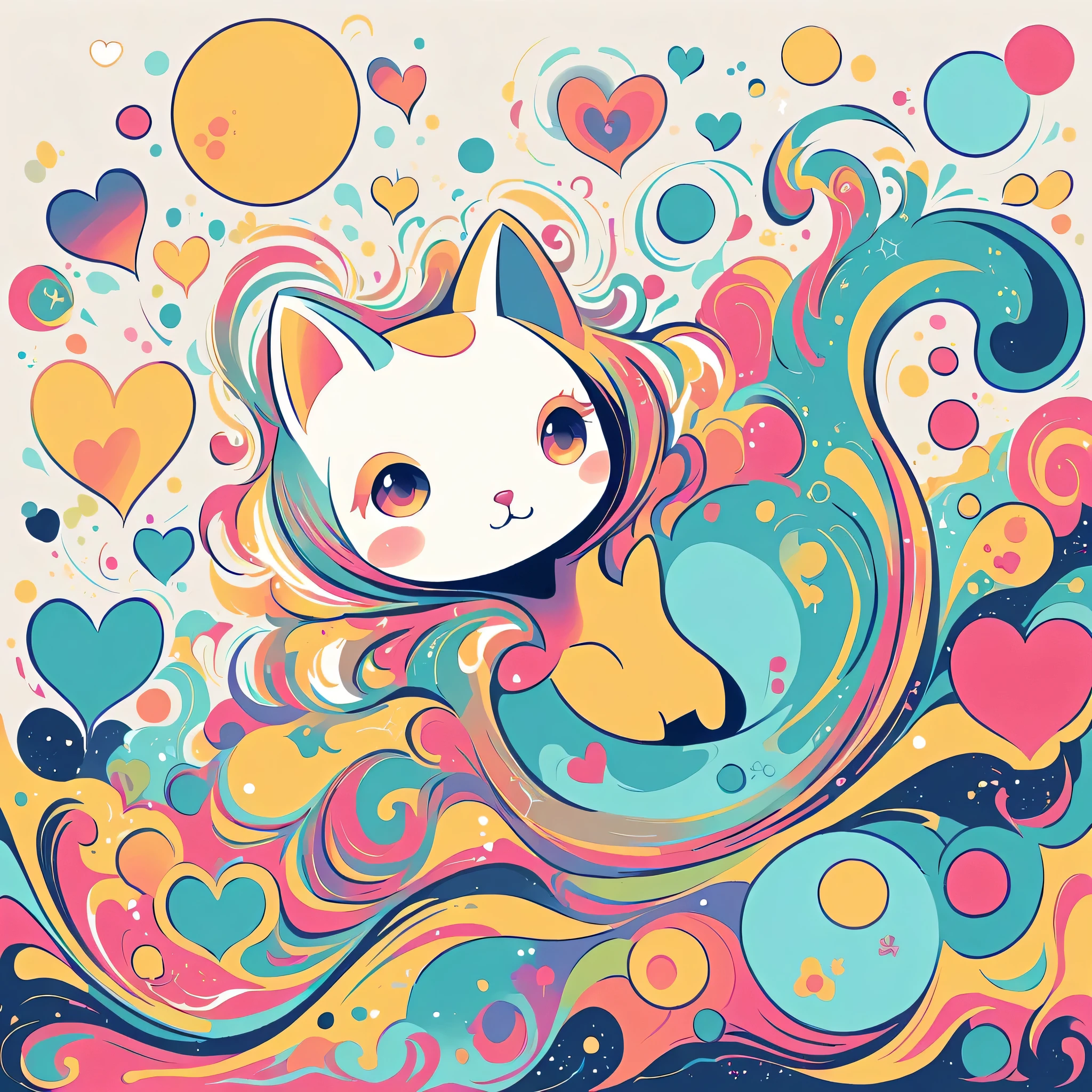 Seizo Watase style, Simple Line Initialism,Abstract art,Urban Background, colorful hearts ,Cute kitten