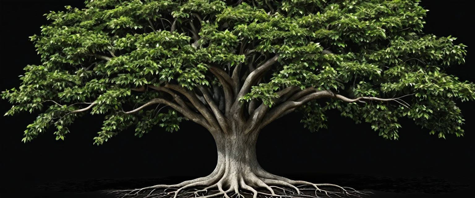 Create a high definition image of a realistic family tree, the tree has four branches, two on each side, black background.