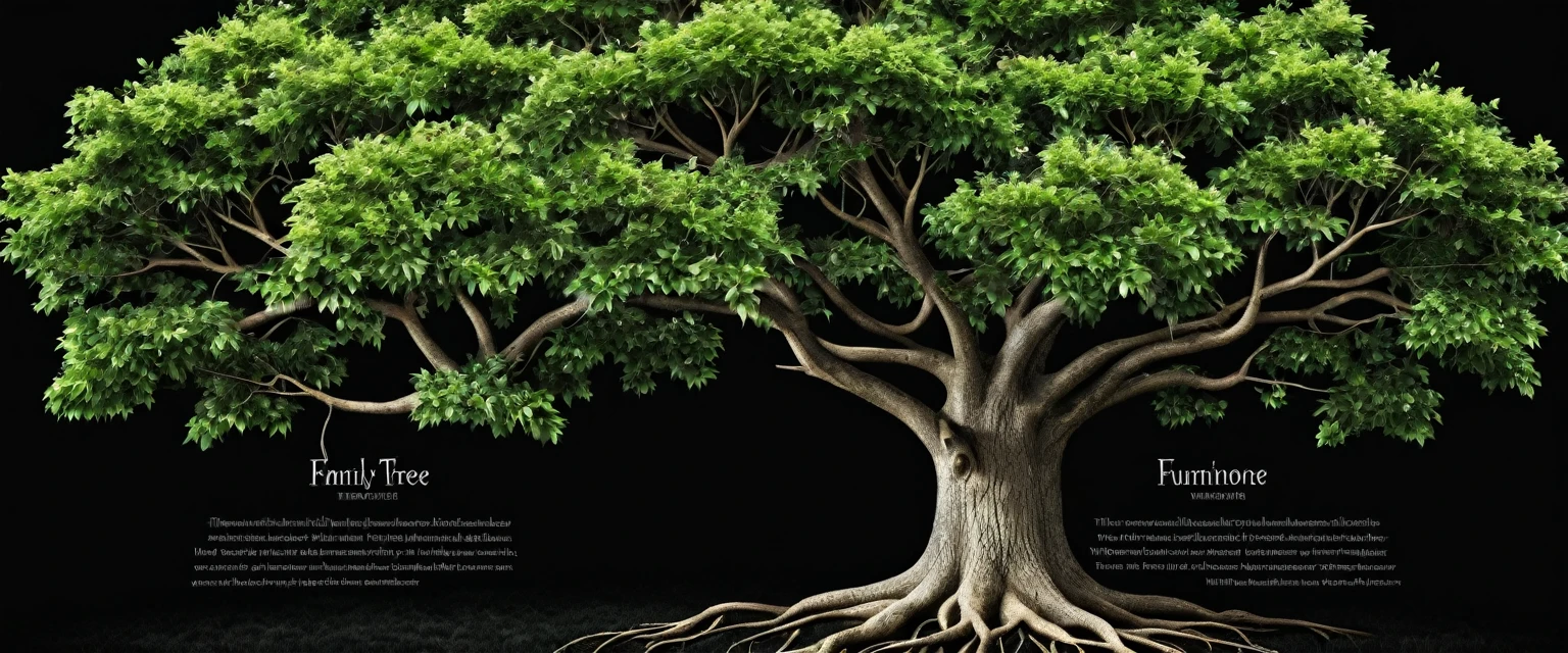 Create a high definition image of a realistic family tree, the tree has four branches, two on each side, black background.