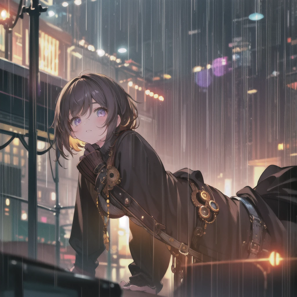 night, Colorful steampunk city background, rain, street, age girl in a comfortable sweater, change, Backlight, Looking at the audience, Low angle lens, Lens looking up, Perfect composition, Perfect light and shadow detail, 8K