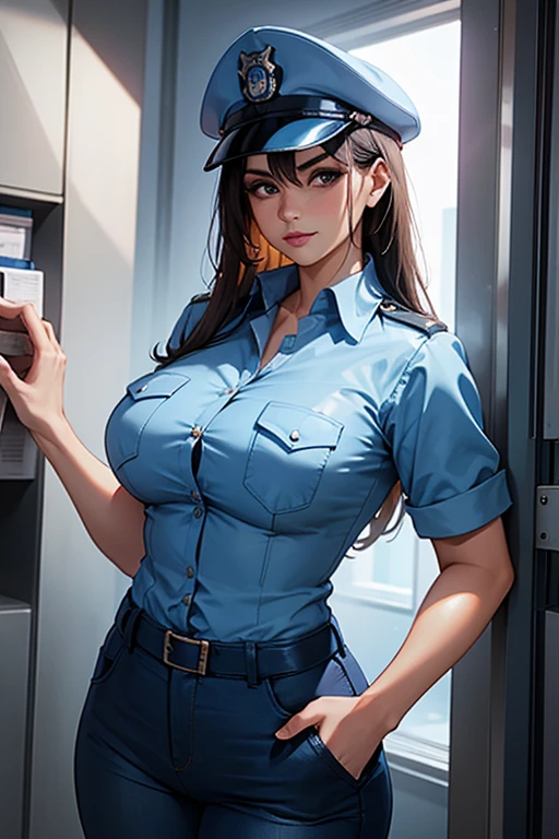 tetas grandes,uniforme de police, Chemise bleu clair, blue pants, chest pocket, best quality, head of&#39;artwork,blue cap,black belt,Policewoman,jp-police,brown-hair