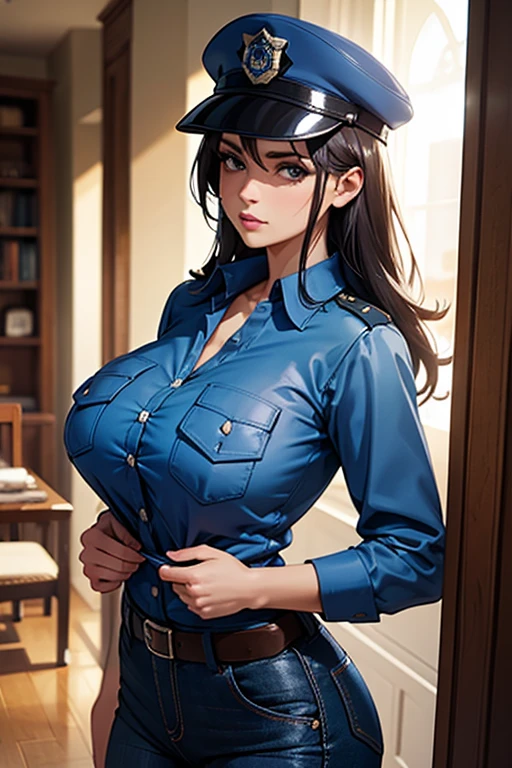 tetas grandes,uniforme de police, Chemise bleu clair, blue pants, chest pocket, best quality, head of&#39;artwork,blue cap,black belt,Policewoman,jp-police,brown-hair