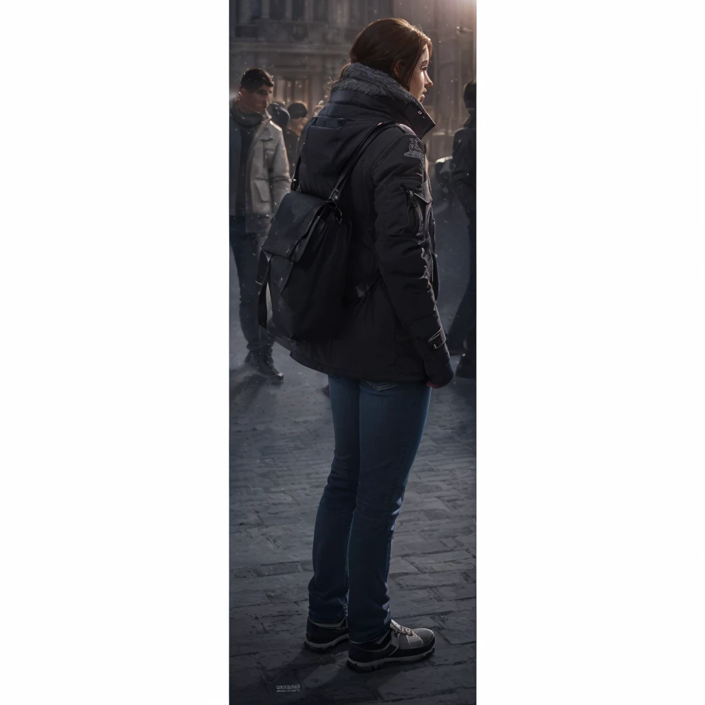 In a city in Europe, a woman's back profile is wearing a winter jacket, jeans and carrying a bag. Photorealism, full view, highly detailed image, very realistic, hyperrealism, Ultra HD, 8k, 5, sharp focus, intricate and mysterious masterpiece. (Long exposure photography Very detailed close-up portrait artistic illustration: final quality, medium shot, backlight, Rich and striking. Enigmatic and mysterious manipulations (composition of the rule of thirds), ((detailed environment with strong lines) Lo best quality, in camera, white light, warm and clean aesthetics, dazzling screen composed of millions of brilliant ultraviolet rays, HDR.
