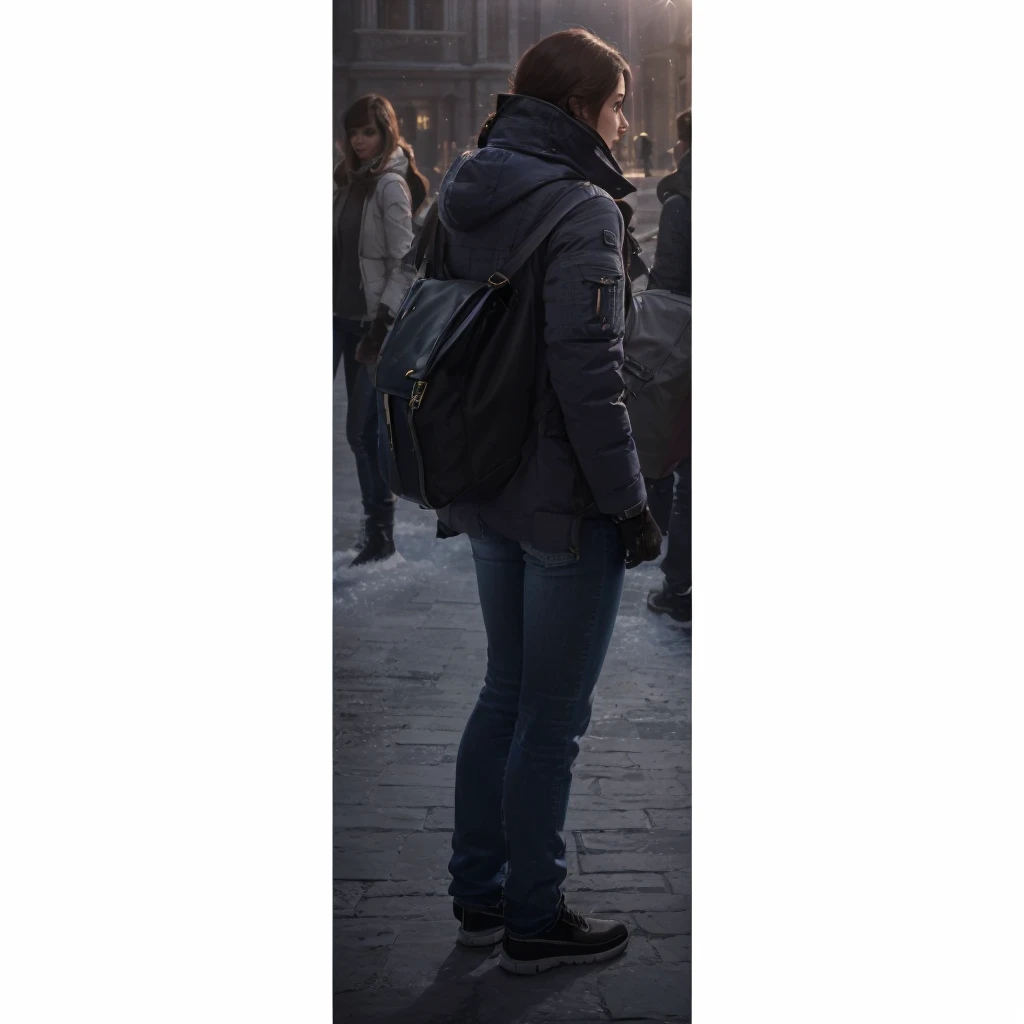 In a city in Europe, a woman's back profile is wearing a winter jacket, jeans and carrying a bag. Photorealism, full view, highly detailed image, very realistic, hyperrealism, Ultra HD, 8k, 5, sharp focus, intricate and mysterious masterpiece. (Long exposure photography Very detailed close-up portrait artistic illustration: final quality, medium shot, backlight, Rich and striking. Enigmatic and mysterious manipulations (composition of the rule of thirds), ((detailed environment with strong lines) Lo best quality, in camera, white light, warm and clean aesthetics, dazzling screen composed of millions of brilliant ultraviolet rays, HDR.