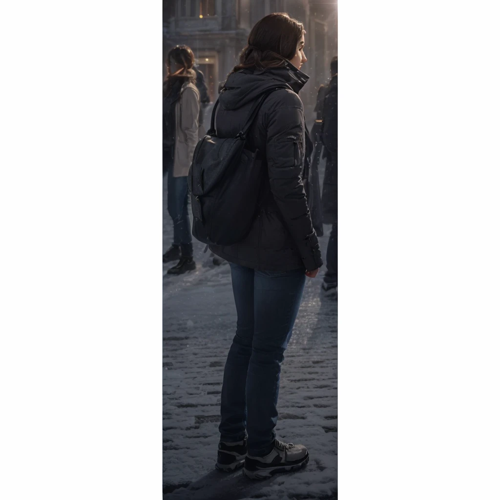In a city in Europe, a woman's back profile is wearing a winter jacket, jeans and carrying a bag. Photorealism, full view, highly detailed image, very realistic, hyperrealism, Ultra HD, 8k, 5, sharp focus, intricate and mysterious masterpiece. (Long exposure photography Very detailed close-up portrait artistic illustration: final quality, medium shot, backlight, Rich and striking. Enigmatic and mysterious manipulations (composition of the rule of thirds), ((detailed environment with strong lines) Lo best quality, in camera, white light, warm and clean aesthetics, dazzling screen composed of millions of brilliant ultraviolet rays, HDR.