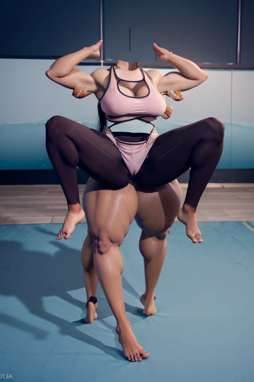Angela white in yoga attire fully clothed , Thick muscular legs,Conjoined legs, waist to waist no torso, four legs, many legs connected to body,human legs, sexy legs ands feet,full body