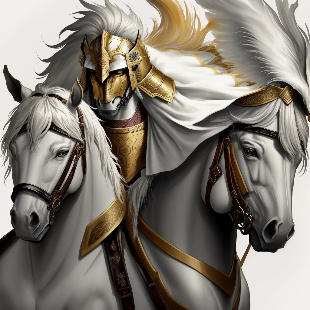 color ink wash, flowing brushstrokes, subtle gradients, A fierce and noble portrait of Ma Chao, a general from the Three Kingdoms era. He wears golden armor with a white plume, and a cape flowing behind him. He is mounted on a rearing horse, holding a spear, looking fearless and ready for combat.