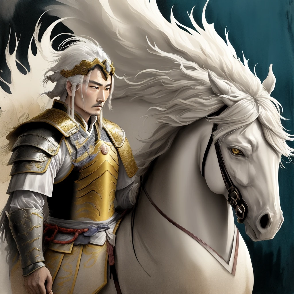 color ink wash, flowing brushstrokes, subtle gradients, A fierce and noble portrait of Ma Chao, a general from the Three Kingdoms era. He wears golden armor with a white plume, and a cape flowing behind him. He is mounted on a rearing horse, holding a spear, looking fearless and ready for combat.